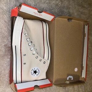 Converse Cream High-Tops with Red and Black Stripes